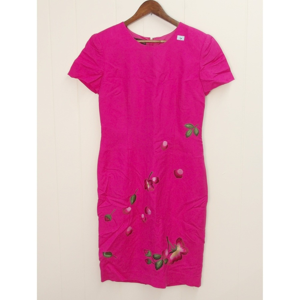 Donna Morgan Pink Linen Sheath Dress Floral Cherry Embroidery Sz 6 /#8043 - Picture 2 of 7